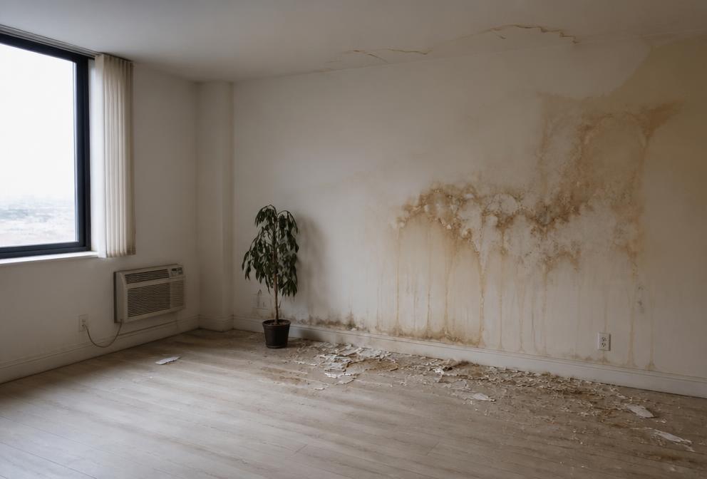 Vacant apartment interior with water damage on the wall